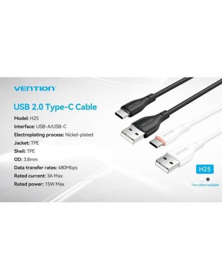 Cable USB Tipo-C Vention H25WF/ USB Tipo-C Macho - USB Macho/ 15W/ 480Mbps/ 1m/ Blanco