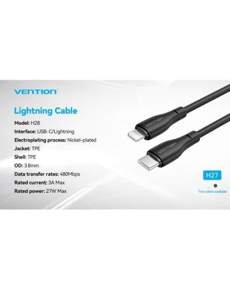 Cable USB Tipo-C Lightning Vention H28BF/ USB Tipo-C Macho - Lightning Macho/ 27W/ 480Mbps/ 1m/ Negro