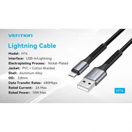 Cable USB 2.0 Lightning Vention H14BF/ Lightning Macho - USB Macho/ 10W/ 480Mbps/ 1m/ Negro