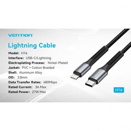 Cable USB Tipo-C Lightning Vention H16BF/ Lightning Macho - USB Tipo-C Macho/ 27W/ 480Mbps/ 1m/ Negro