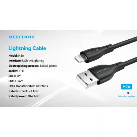 Cable USB 2.0 Lightning Vention H26BF/ Lightning Macho - USB Macho/ 10W/ 480Mbps/ 1m/ Negro