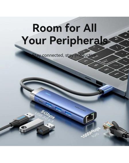 Hub USB 3.0 Vention TGFSB/ 3xUSB/ 1xRJ45/ 1xUSB Tipo-C PD