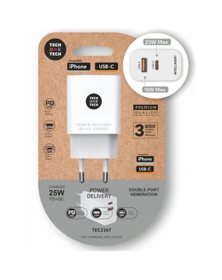 Cargador de Pared Tech One Tech TEC2267/ 1xUSB Tipo-C/ 1xUSB/ 3A/ Blanco