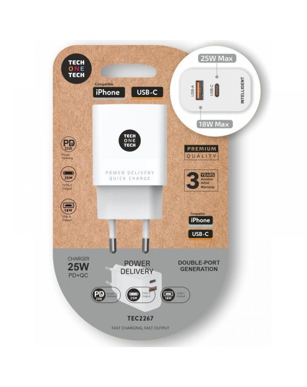 Cargador de Pared Tech One Tech TEC2267/ 1xUSB Tipo-C/ 1xUSB/ 3A/ Blanco