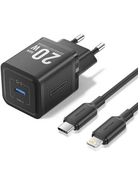 Cargador Gan de Pared Vention TZ-FEPB0-EU-02/ 1xUSB Tipo-C + Cable Lightning/ 20W