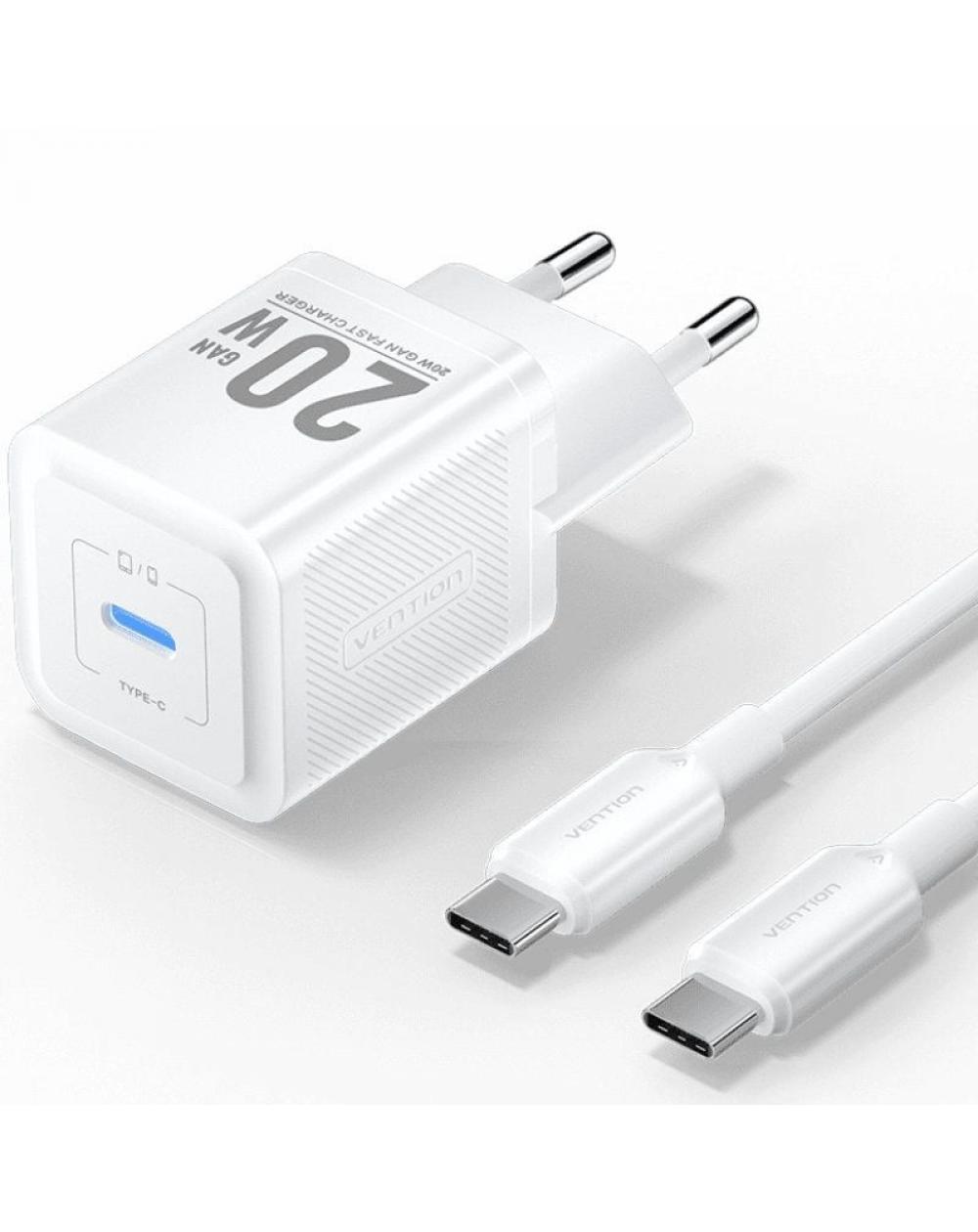 Cargador Gan de Pared Vention TZ-FEPW0-EU-01/ 1xUSB Tipo-C + Cable USB Tipo-C/ 20W