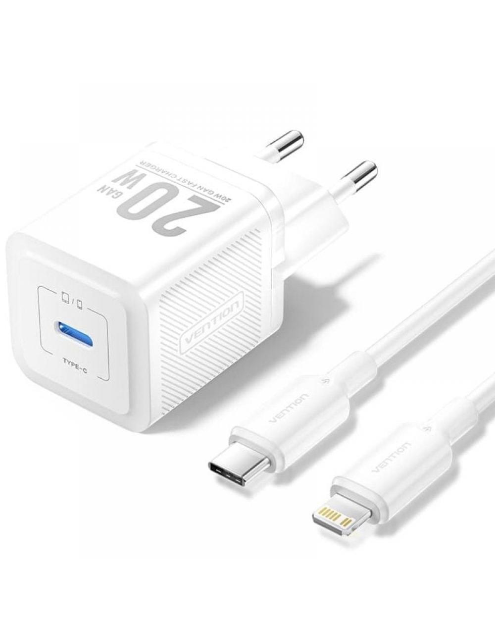 Cargador Gan de Pared Vention TZ-FEPW0-EU-02/ 1xUSB Tipo-C + Cable Lightning/ 20W