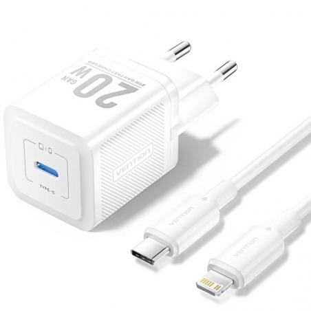 Cargador Gan de Pared Vention TZ-FEPW0-EU-02/ 1xUSB Tipo-C + Cable Lightning/ 20W