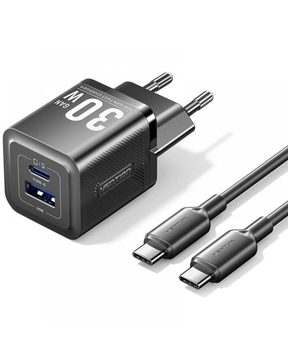 Cargador Gan de Pared Vention TZ-FEQB0-EU-01/ 1xUSB Tipo-C/ 1xUSB + Cable USB Tipo-C/ 30W