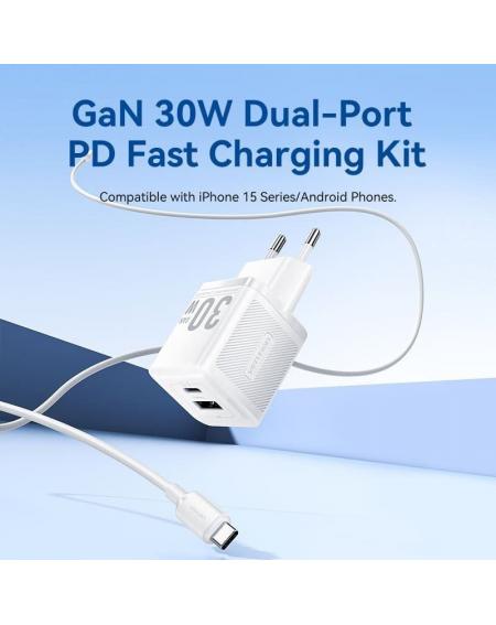 Cargador Gan de Pared Vention TZ-FEQB0-EU-01/ 1xUSB Tipo-C/ 1xUSB + Cable USB Tipo-C/ 30W