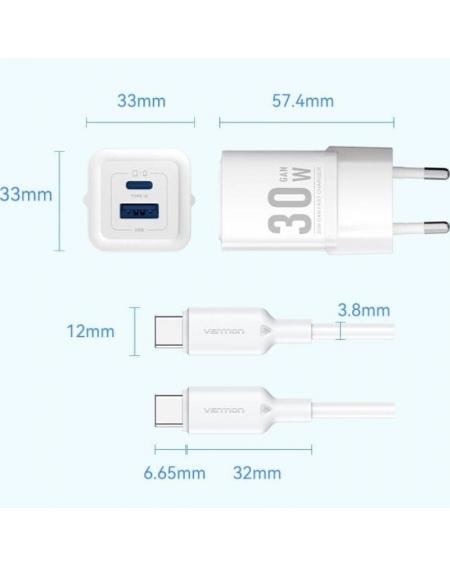 Cargador Gan de Pared Vention TZ-FEQB0-EU-01/ 1xUSB Tipo-C/ 1xUSB + Cable USB Tipo-C/ 30W