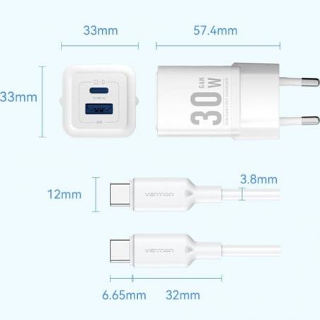 Cargador Gan de Pared Vention TZ-FEQB0-EU-01/ 1xUSB Tipo-C/ 1xUSB + Cable USB Tipo-C/ 30W