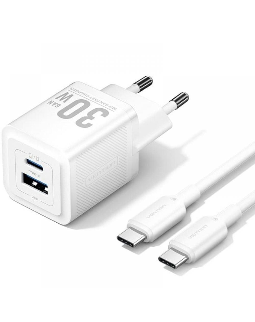 Cargador Gan de Pared Vention TZ-FEQW0-EU-01/ 1xUSB Tipo-C/ 1xUSB + Cable USB Tipo-C/ 30W