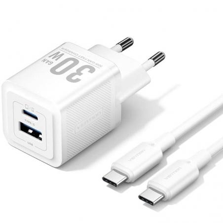 Cargador Gan de Pared Vention TZ-FEQW0-EU-01/ 1xUSB Tipo-C/ 1xUSB + Cable USB Tipo-C/ 30W