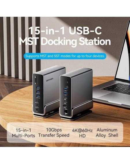 Docking USB Tipo-C Vention TPUH0/ 2xHDMI/ 1xDisplayPort/ 3xUSB Tipo-C/ 5xUSB/ 1xRJ45/ 1xLector de Tarjetas/ 1xJack 3.5/ 1xUSB Ti