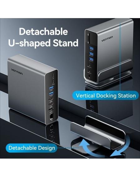 Docking USB Tipo-C Vention TPUH0/ 2xHDMI/ 1xDisplayPort/ 3xUSB Tipo-C/ 5xUSB/ 1xRJ45/ 1xLector de Tarjetas/ 1xJack 3.5/ 1xUSB Ti