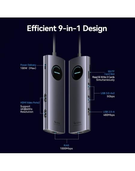 Docking USB Tipo-C Vention TQVHB/ 2xHDMI/ 3xUSB/ 1xRJ45/ 1xLector de Tarjetas/ 1xUSB Tipo-C PD/ Gris