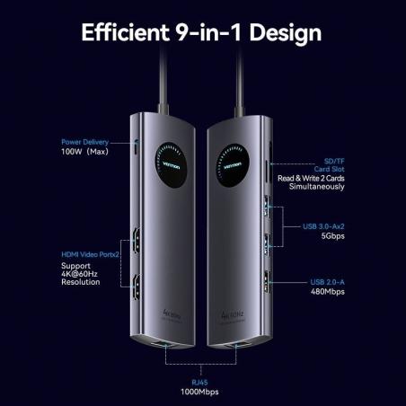 Docking USB Tipo-C Vention TQVHB/ 2xHDMI/ 3xUSB/ 1xRJ45/ 1xLector de Tarjetas/ 1xUSB Tipo-C PD/ Gris