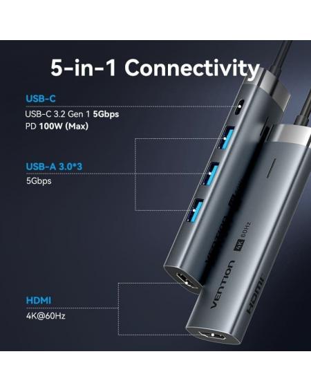 Docking USB Tipo-C Vention TGMHB/ 3xUSB/ 1xHDMI/ 1xUSB Tipo-C PD