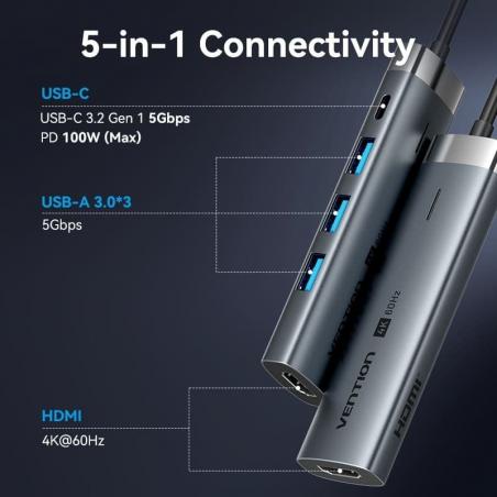 Docking USB Tipo-C Vention TGMHB/ 3xUSB/ 1xHDMI/ 1xUSB Tipo-C PD