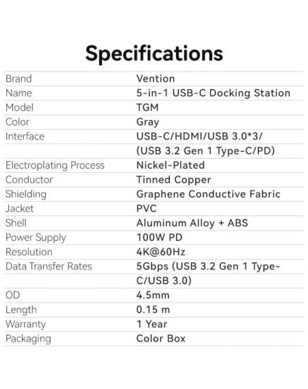 Docking USB Tipo-C Vention TGMHB/ 3xUSB/ 1xHDMI/ 1xUSB Tipo-C PD