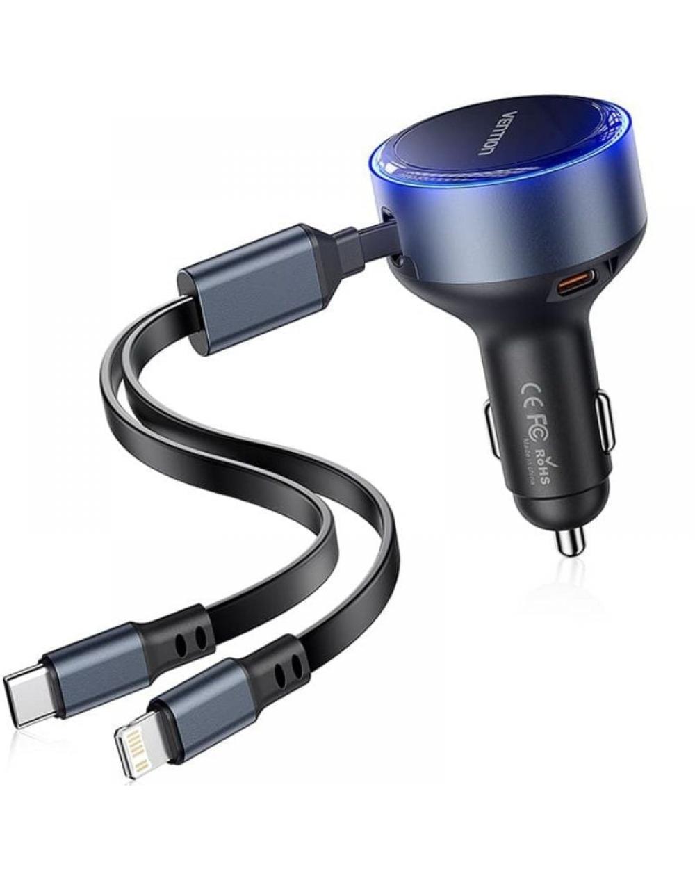 Cargador de Coche Vention FFOB0/ 1xUSB Tipo-C Macho/ 1xUSB Tipo-C hembra/ 1xLightning Macho/ 30W