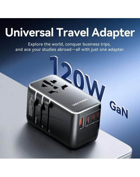 Cargador de Pared Universal Vention FJGB0/ Toma de Corriente Universal/ 3xUSB Tipo-C/ 1xUSB/ 120W