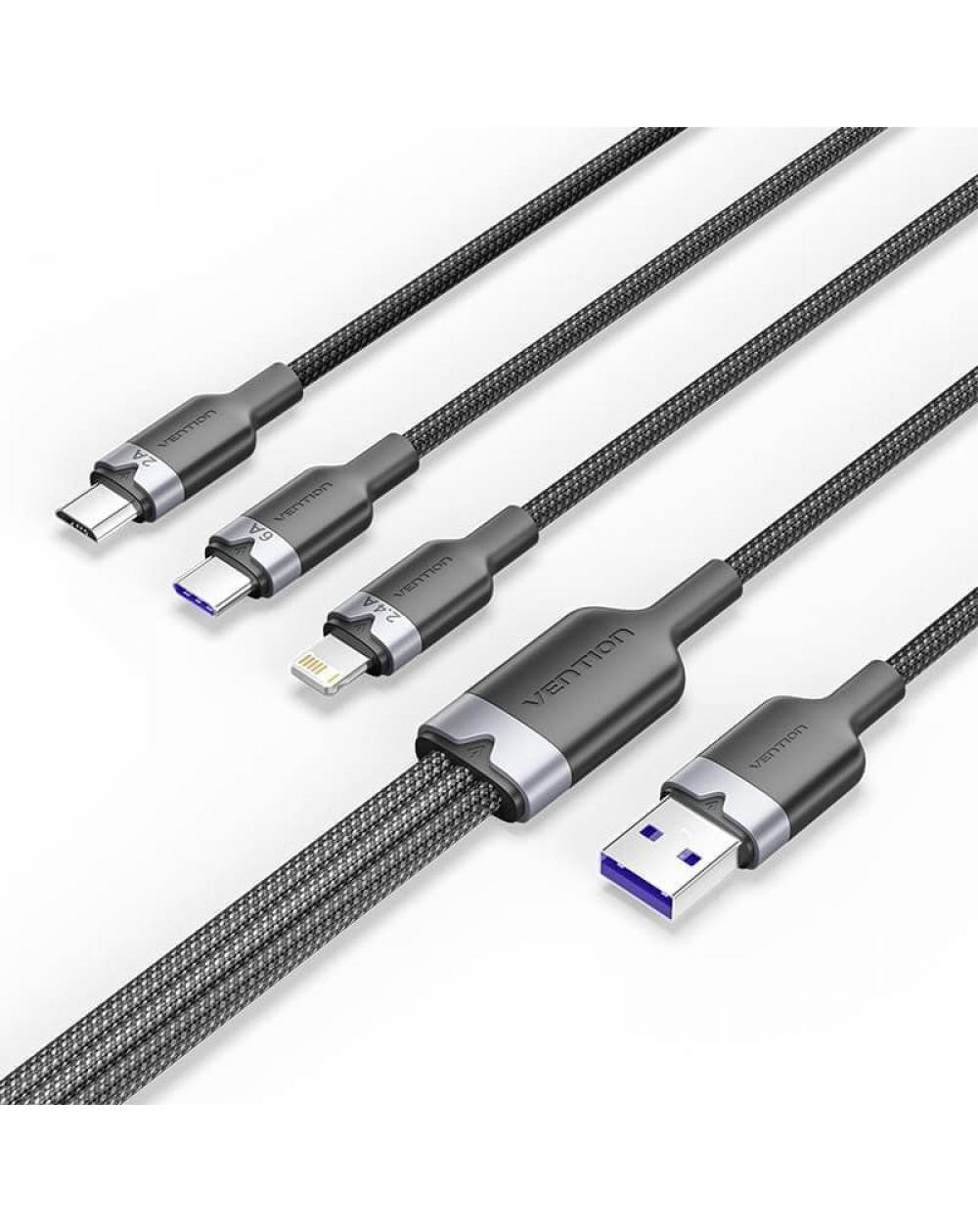 Cable USB 2.0 Lightning Vention CTPBG/ USB Macho/ USB Tipo-C Macho - MicroUSB Macho - Lightning Macho/ 1.5m/ Negro