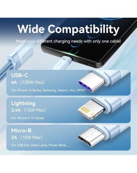 Cable USB 2.0 Lightning Vention CTRBG/ USB Macho/ USB Tipo-C Macho - MicroUSB Macho - Lightning Macho/ 1.5m/ Negro