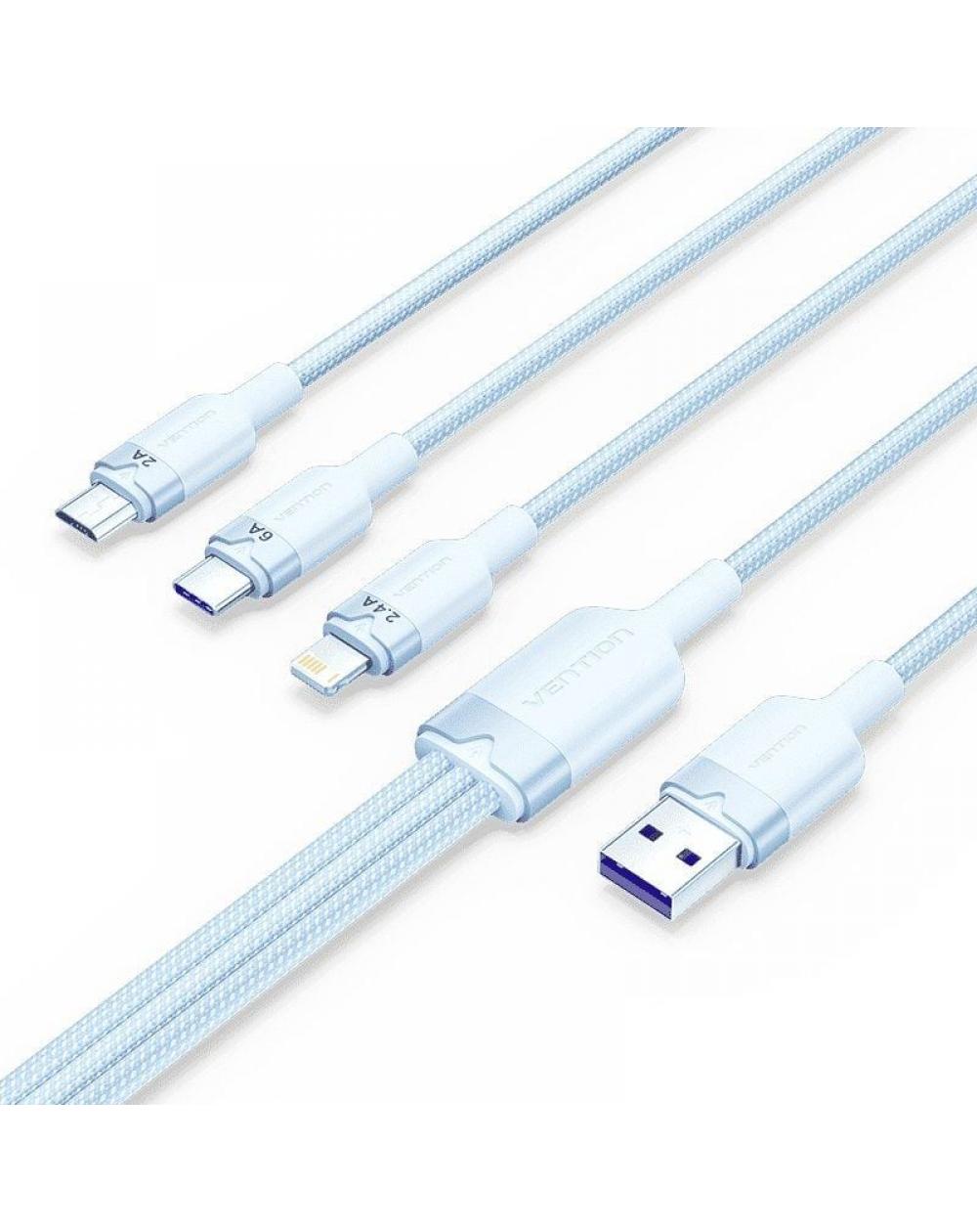 Cable USB 2.0 Lightning Vention CTPLG/ USB Macho/ USB Tipo-C Macho - MicroUSB Macho - Lightning Macho/ 1.5m/ Azul