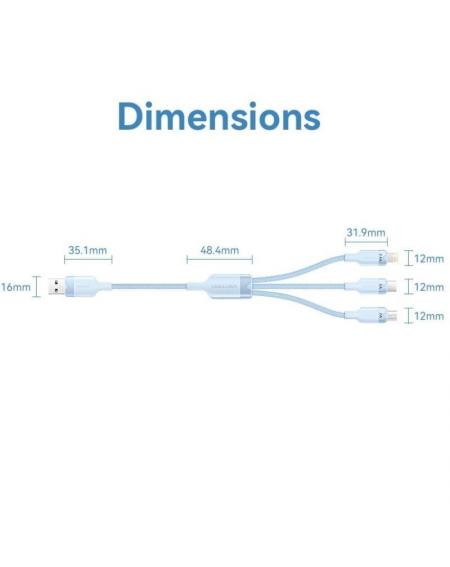 Cable USB 2.0 Lightning Vention CTPLG/ USB Macho/ USB Tipo-C Macho - MicroUSB Macho - Lightning Macho/ 1.5m/ Azul