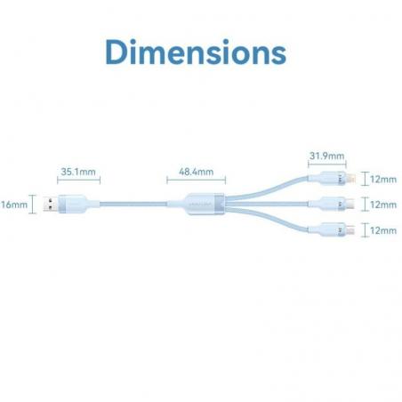 Cable USB 2.0 Lightning Vention CTPLG/ USB Macho/ USB Tipo-C Macho - MicroUSB Macho - Lightning Macho/ 1.5m/ Azul