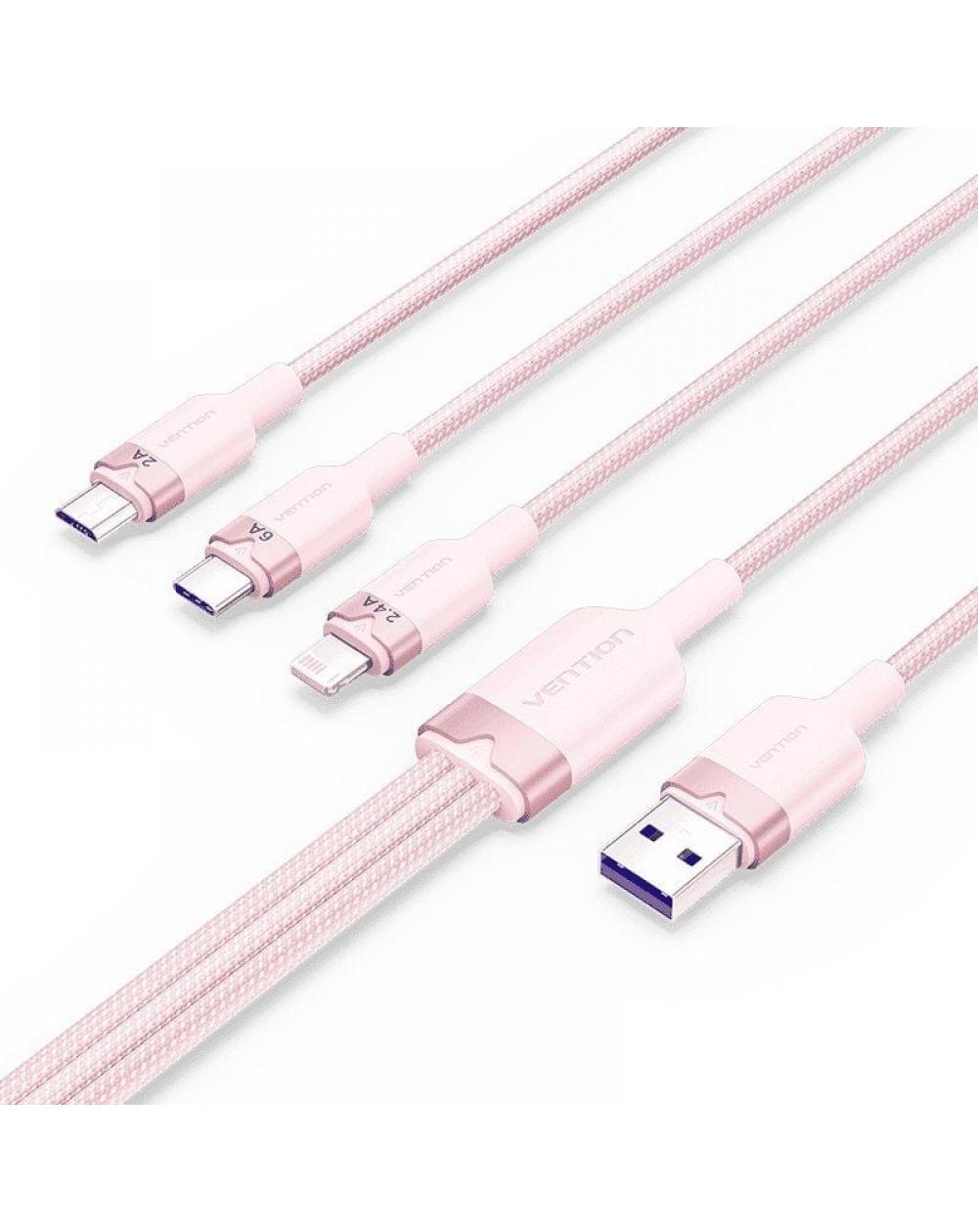 Cable USB 2.0 Lightning Vention CTPPG/ USB Macho/ USB Tipo-C Macho - MicroUSB Macho - Lightning Macho/ 1.5m/ Rosa