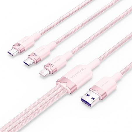 Cable USB 2.0 Lightning Vention CTPPG/ USB Macho/ USB Tipo-C Macho - MicroUSB Macho - Lightning Macho/ 1.5m/ Rosa