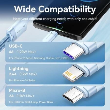 Cable USB 2.0 Lightning Vention CTRPG/ USB Macho/ USB Tipo-C Macho - MicroUSB Macho - Lightning Macho/ 1.5m/ Rosa