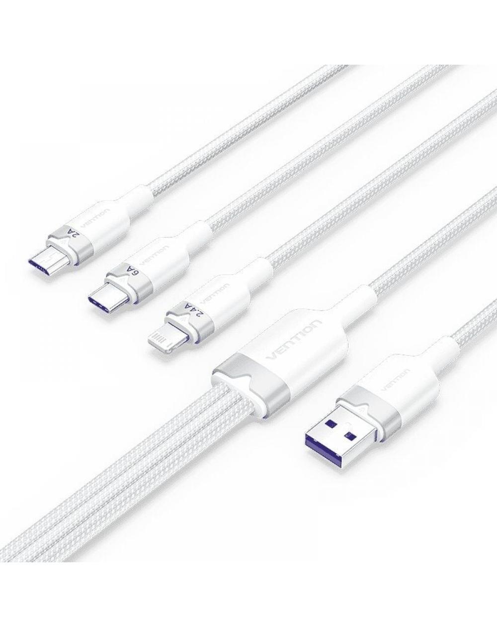 Cable USB 2.0 Lightning Vention CTPWG/ USB Macho/ USB Tipo-C Macho - MicroUSB Macho - Lightning Macho/ 1.5m/ Blanco