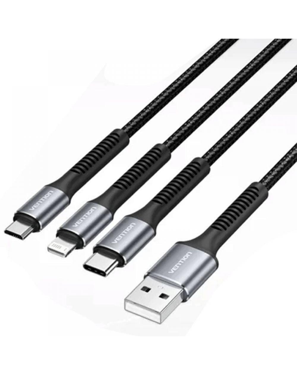 Cable USB Tipo-C Lightning Vention H18BAV/ USB Tipo-C Macho/ Lightning Macho - MicroUSB Macho - USB Macho/ 1.2m/ Negro