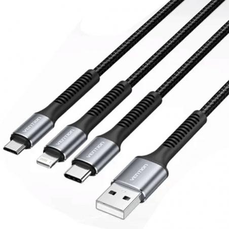 Cable USB Tipo-C Lightning Vention H18BAV/ USB Tipo-C Macho/ Lightning Macho - MicroUSB Macho - USB Macho/ 1.2m/ Negro