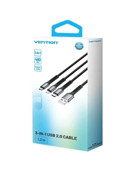 Cable USB Tipo-C Lightning Vention H18BAV/ USB Tipo-C Macho/ Lightning Macho - MicroUSB Macho - USB Macho/ 1.2m/ Negro