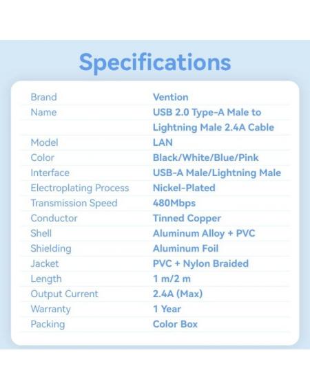 Cable USB Lightning Vention LANWH/ USB Macho - Lightning Macho/ 480Mbps/ 2m/ Blanco