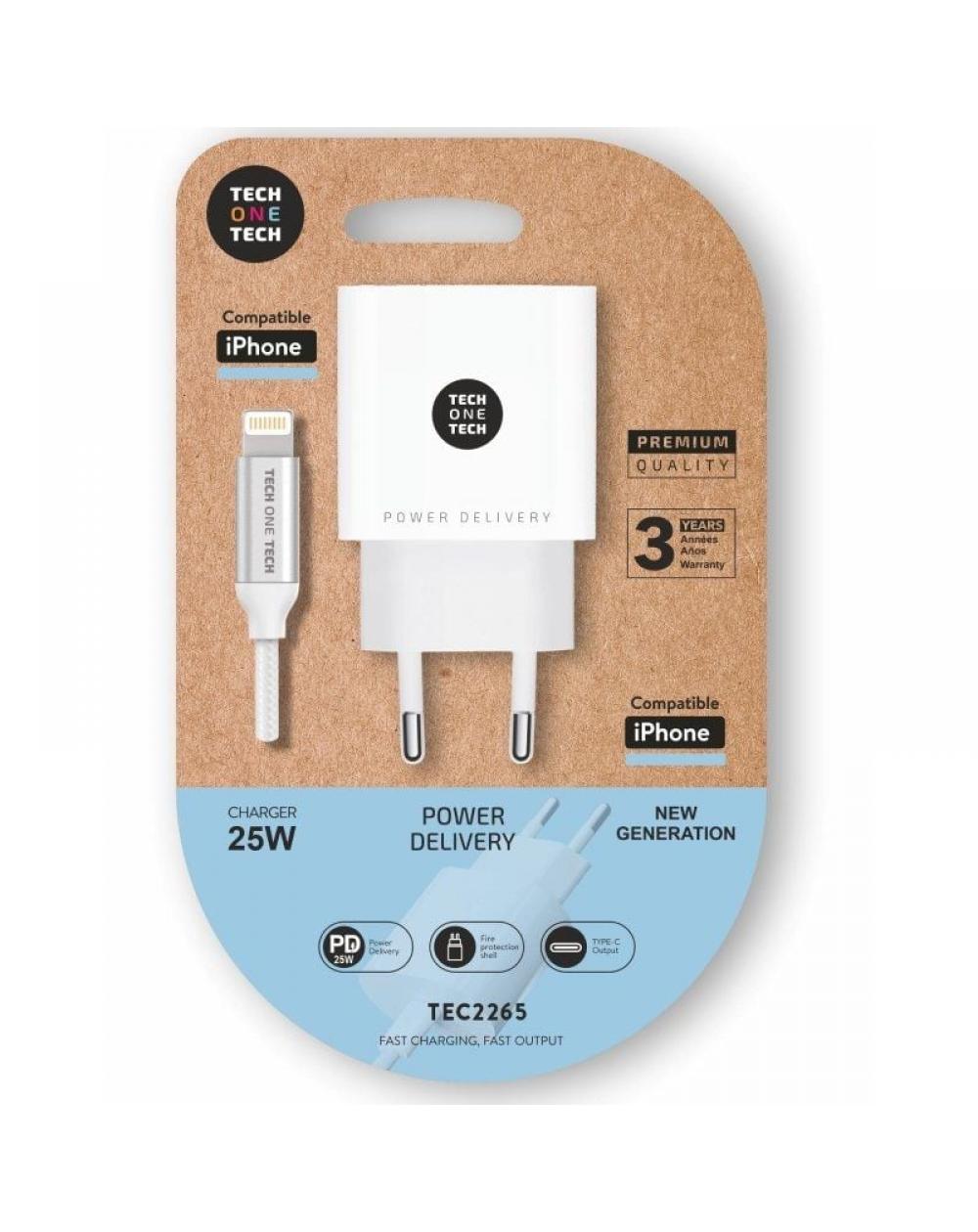 Cargador de Pared Tech One Tech TEC2265/ 1xUSB Tipo-C + Cable Lightning/ 3A/ Blanco