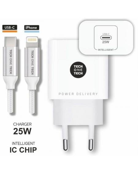 Cargador de Pared Tech One Tech TEC2265/ 1xUSB Tipo-C + Cable Lightning/ 3A/ Blanco