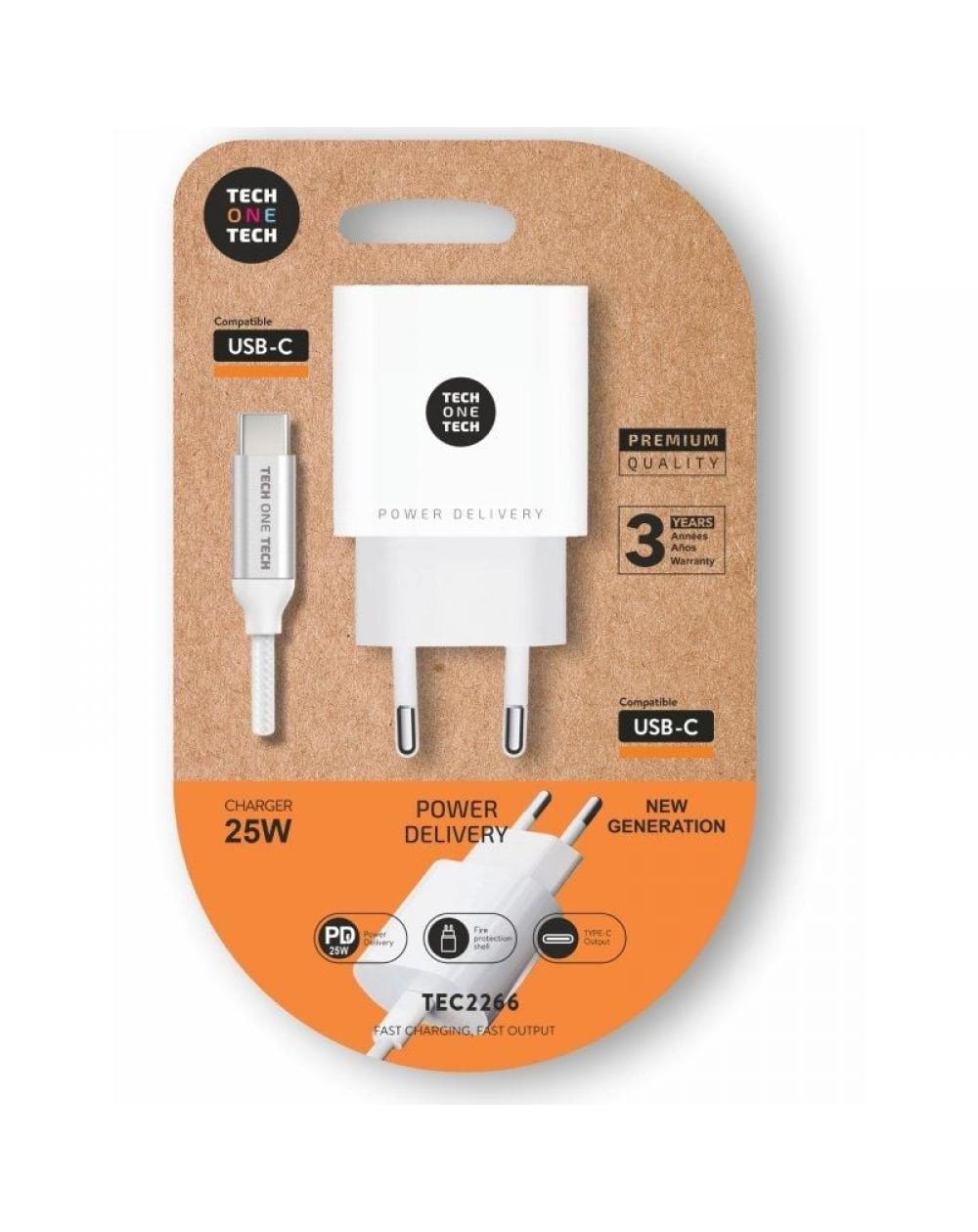 Cargador de Pared Tech One Tech TEC2266/ 1xUSB Tipo-C + Cable USB Tipo-C/ 3A/ Blanco