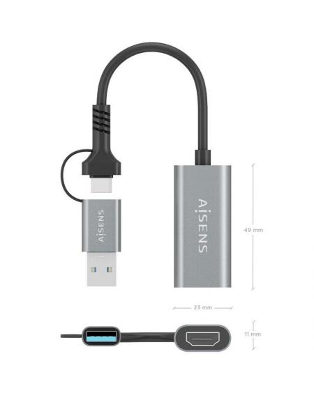 Conversor HDMI Aisens A109-0913/ USB + USB Tipo-C 3.1 Macho - HDMI Macho/ 15cm/ Gris