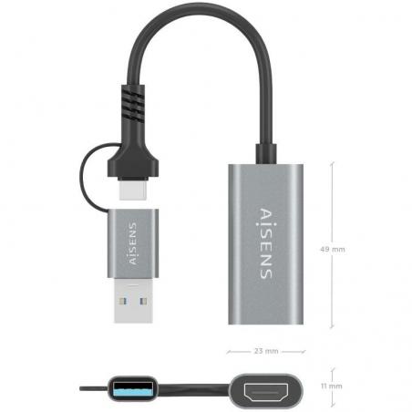 Conversor HDMI Aisens A109-0913/ USB + USB Tipo-C 3.1 Macho - HDMI Macho/ 15cm/ Gris