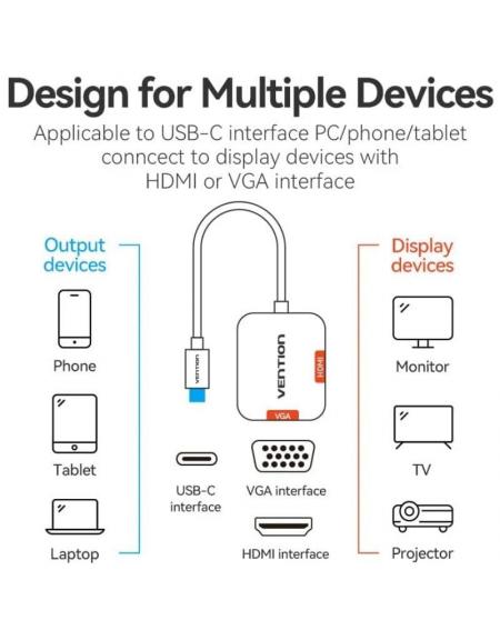 Conversor Vention TDIHB/ USB Tipo-C Macho/ VGA Hembra - HDMI Hembra/ 15cm/ Plata