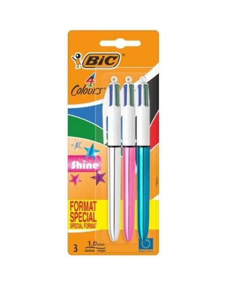 Bolígrafos de Tinta de Aceite Retráctil Bic 4 Colors Shine 9122751/ 3 unidades/ 4 Colores de Tinta/ Cuerpo Color Brillante